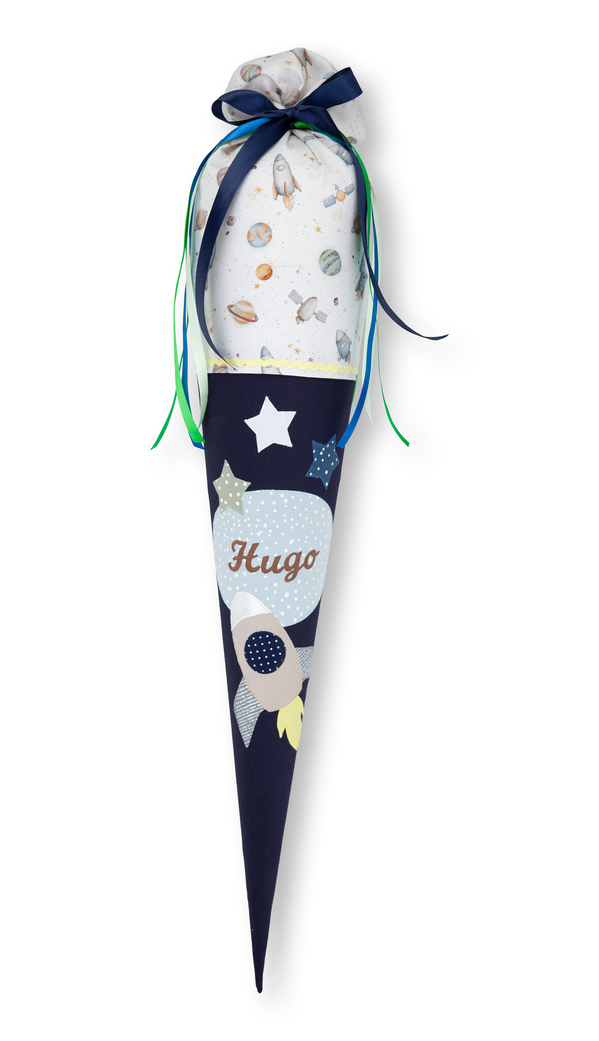 crêpes suzette Schultüte aus Stoff Weltraum | Farben Navy, Weiß und Grau – Variante: mit Wunschnamen