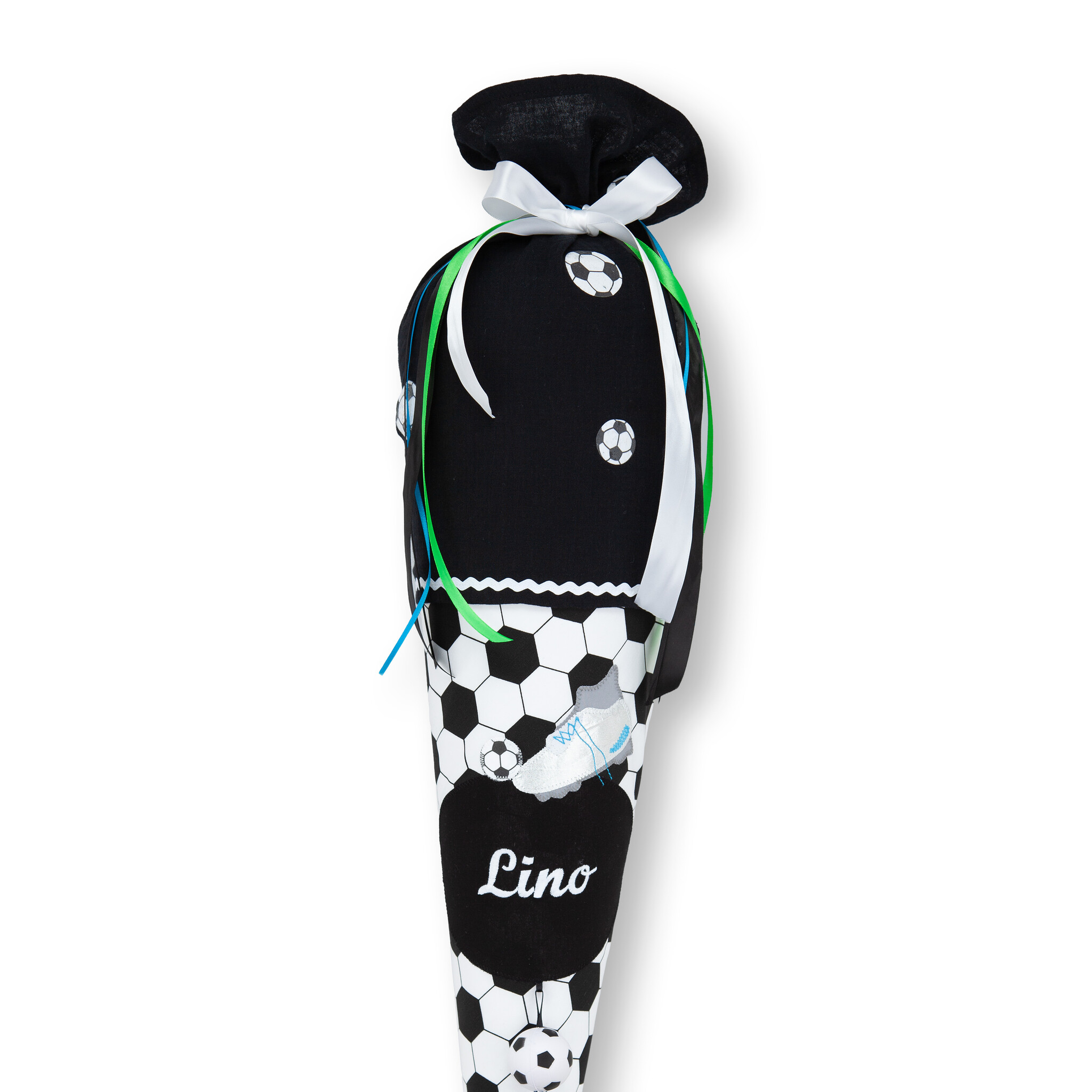 crêpes suzette Schultüte aus Stoff Fußball | Farben Schwarz, Weiß und Akzentfarben – Variante: mit Wunschnamen