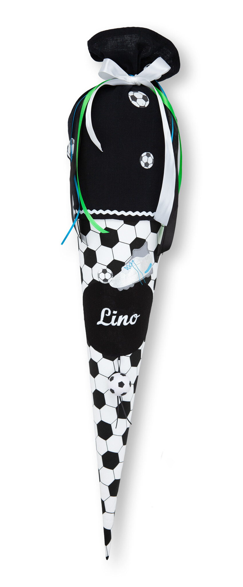 crêpes suzette Schultüte aus Stoff Fußball | Farben Schwarz, Weiß und Akzentfarben – Variante: mit Wunschnamen