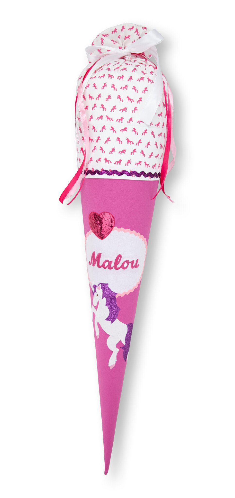 crêpes suzette Schultüte aus Stoff Einhorn | Farben Pink, Weiß und Lila – Variante: mit Wunschnamen