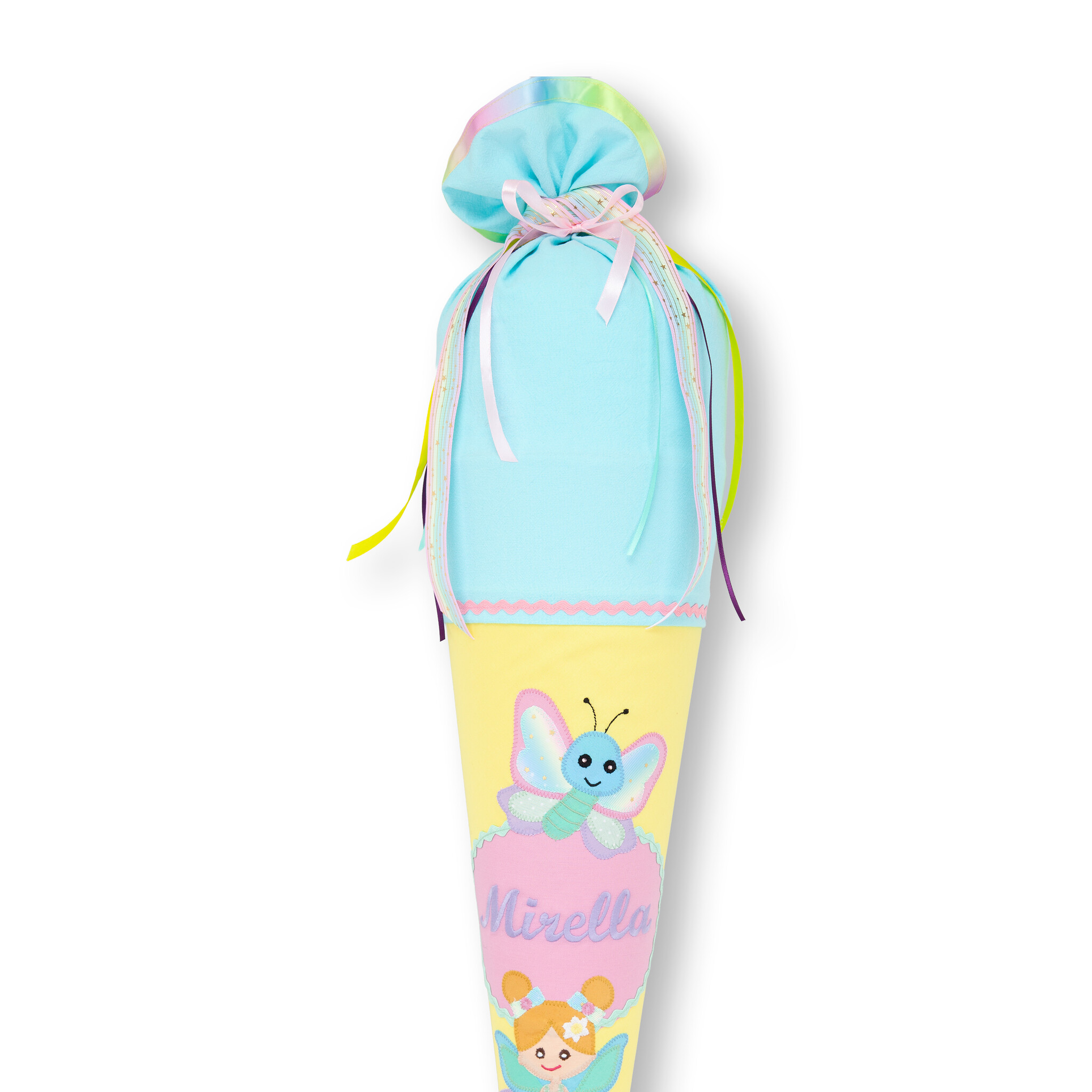 crêpes suzette Schultüte aus Stoff Fee & Schmetterling | Farben Hellblau, Gelb und Pastellrosa – Variante: mit Wunschnamen