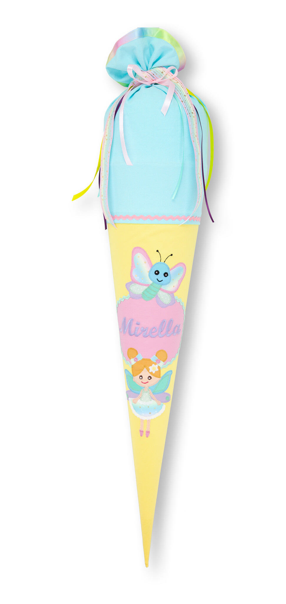 crêpes suzette Schultüte aus Stoff Fee & Schmetterling | Farben Hellblau, Gelb und Pastellrosa – Variante: mit Wunschnamen