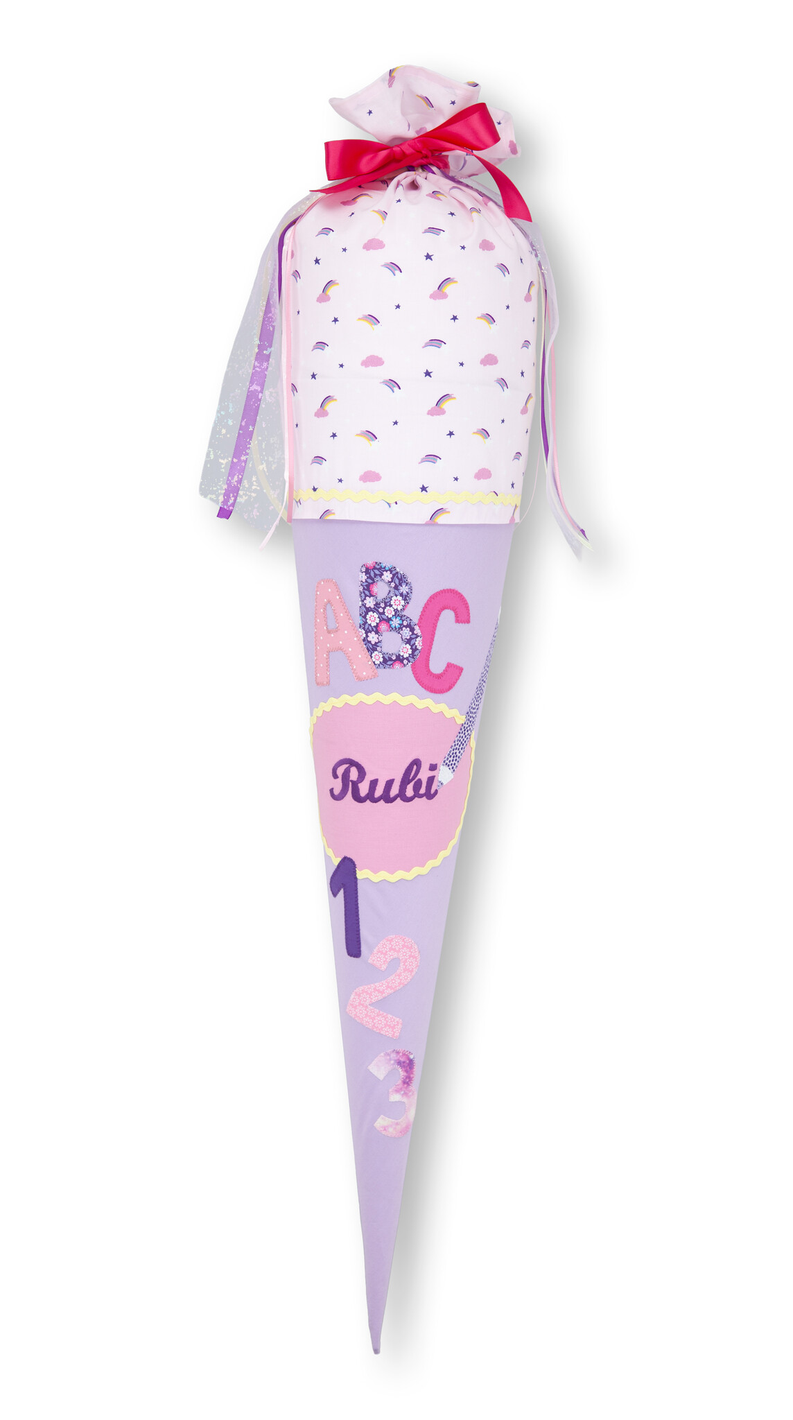 crêpes suzette Schultüte aus Stoff ABC & Regenbogen | Farben Flieder, Rosa und Lila – Variante: mit Wunschnamen