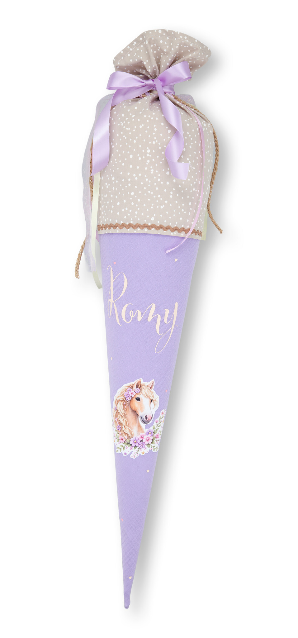 crêpes suzette Schultüte aus Musselin | handgefertigte Flauschischultüte zur Einschulung | Modell: Romy | Farben: Flieder, Beige und Rosé | mit Pony-Motiv, Flauschfolie & Namensschriftzug | personalisierbar – Variante: mit Wunschnamen