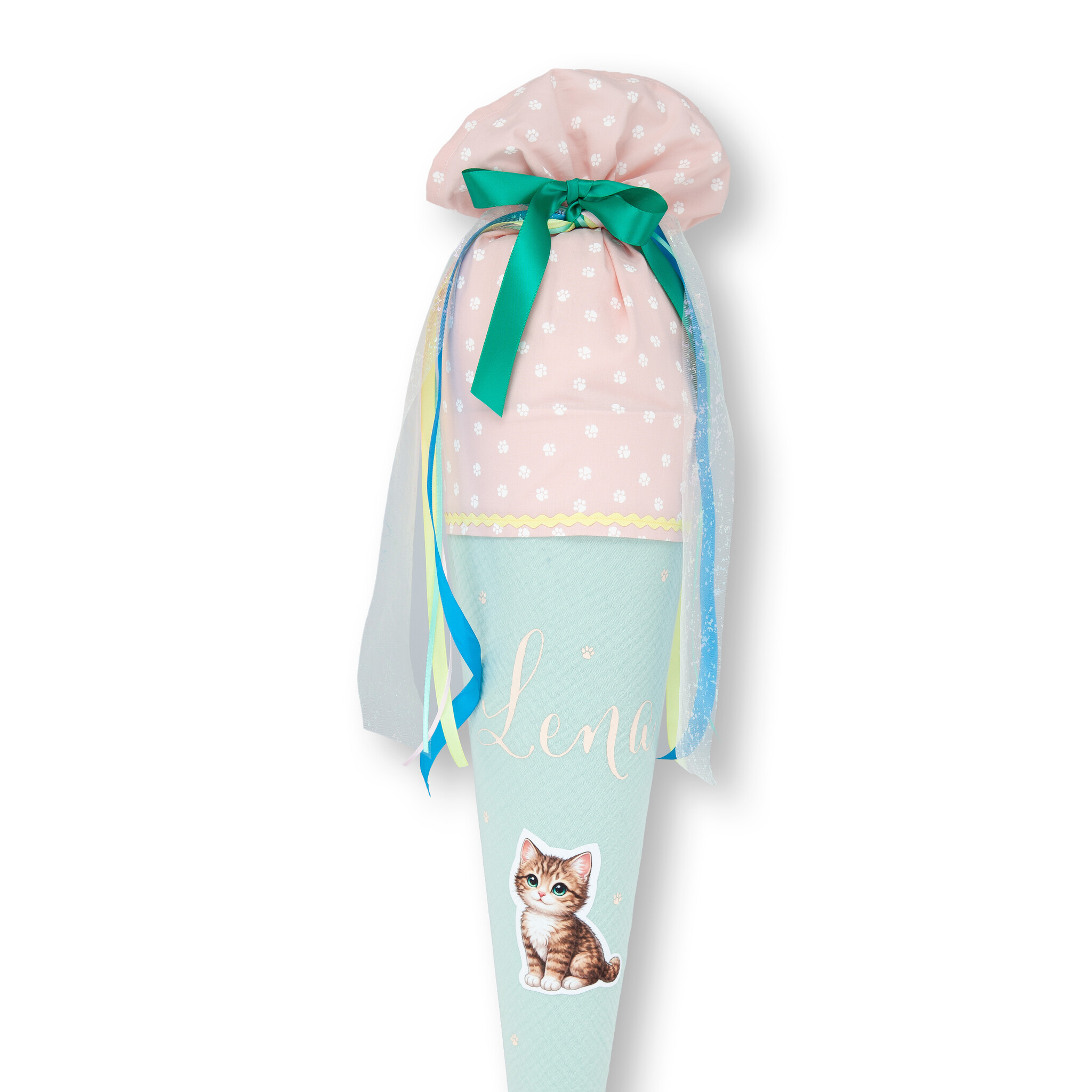 crêpes suzette Schultüte aus Musselin | handgefertigte Flauschischultüte zur Einschulung | Modell: Lena | Farben: Mint, Rosa und Türkis | mit Katzenmotiv, Flauschfolie & Namensschriftzug | personalisierbar – Variante: mit Wunschnamen