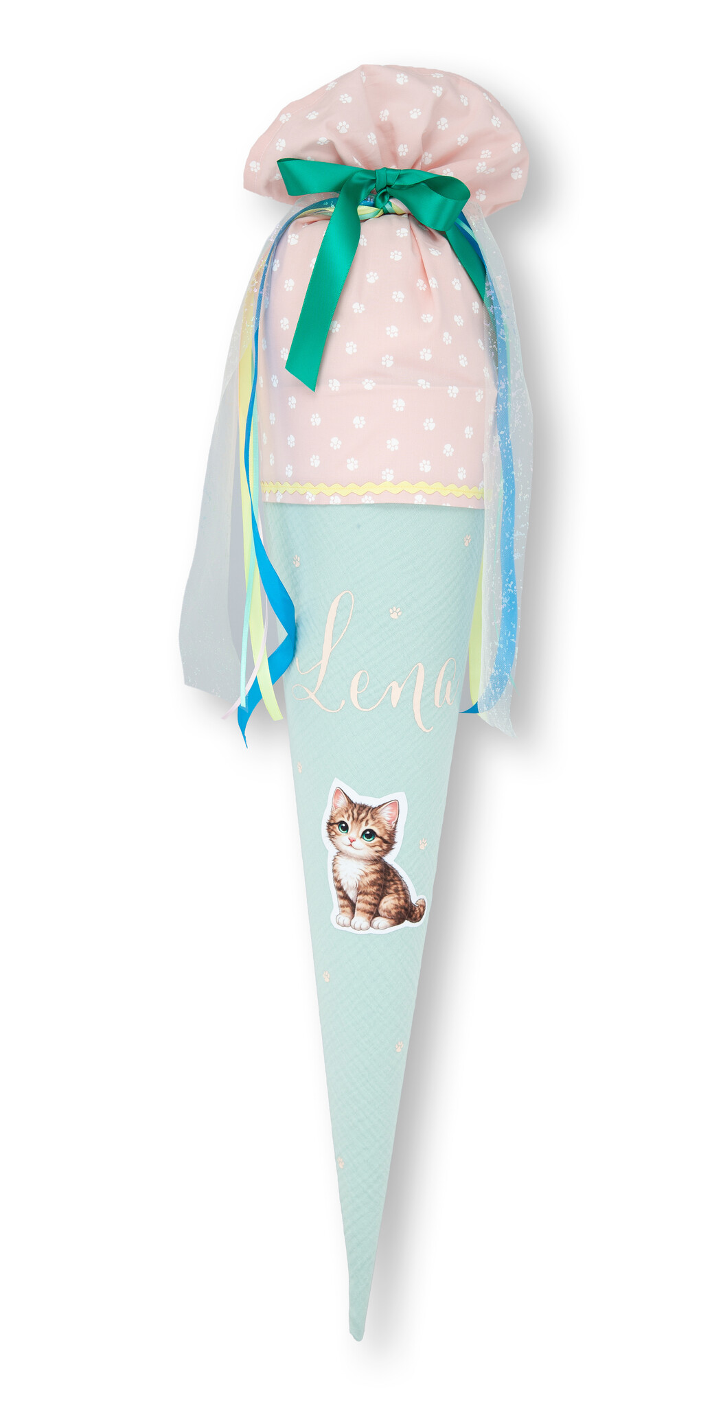 crêpes suzette Schultüte aus Musselin | handgefertigte Flauschischultüte zur Einschulung | Modell: Lena | Farben: Mint, Rosa und Türkis | mit Katzenmotiv, Flauschfolie & Namensschriftzug | personalisierbar – Variante: mit Wunschnamen