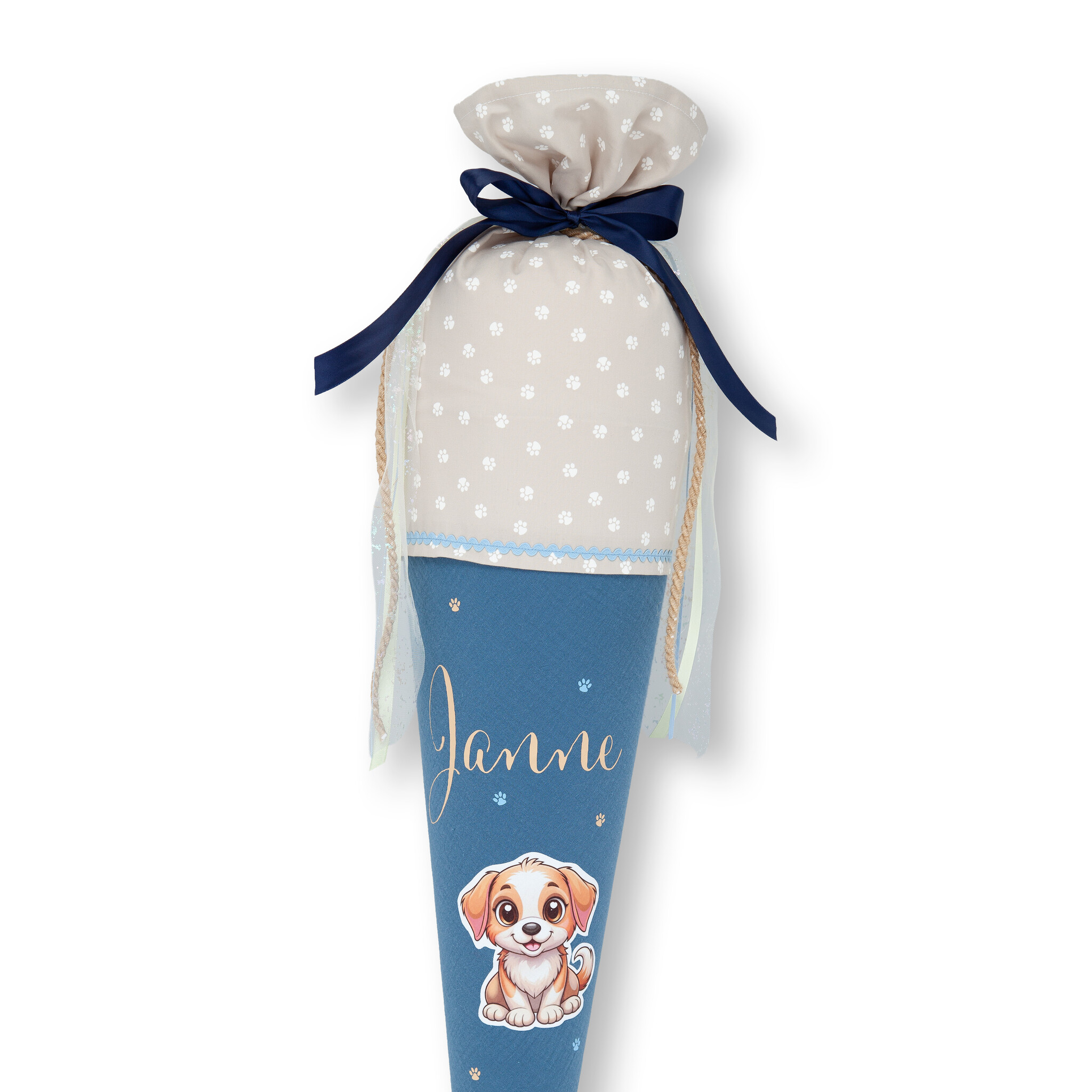 crêpes suzette Schultüte aus Musselin | handgefertigte Flauschischultüte zur Einschulung | Modell: Janne | Farben: Jeansblau, Creme und Dunkelblau | mit Hundemotiv, Flauschfolie & Namensschriftzug | personalisierbar – Variante: mit Wunschnamen