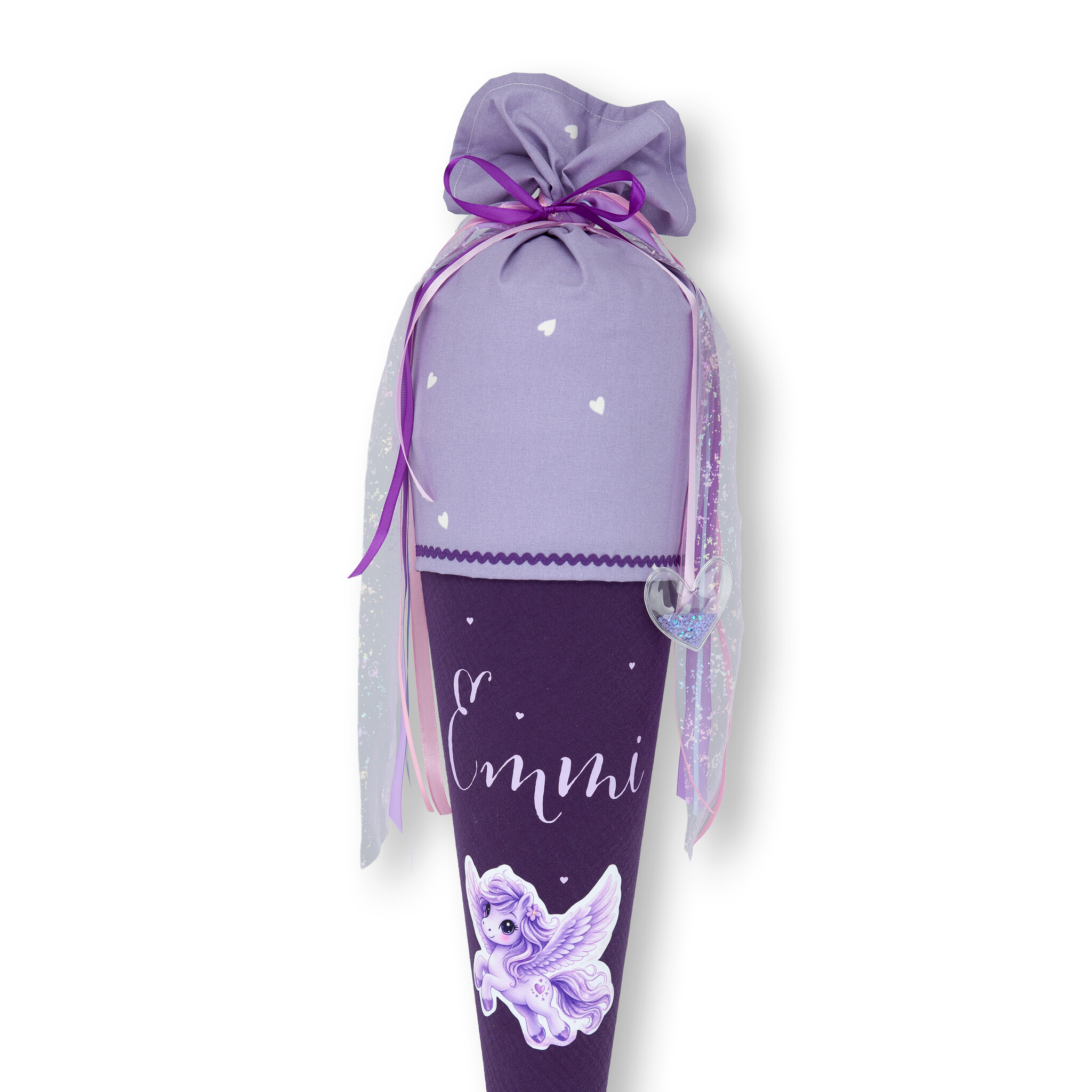 crêpes suzette Schultüte aus Musselin | handgefertigte Flauschischultüte zur Einschulung | Modell: Emmi | Farben: Flieder, Lila und Rosa | mit Einhorn-Motiv, Flauschfolie & Namensschriftzug | personalisierbar – Variante: mit Wunschnamen