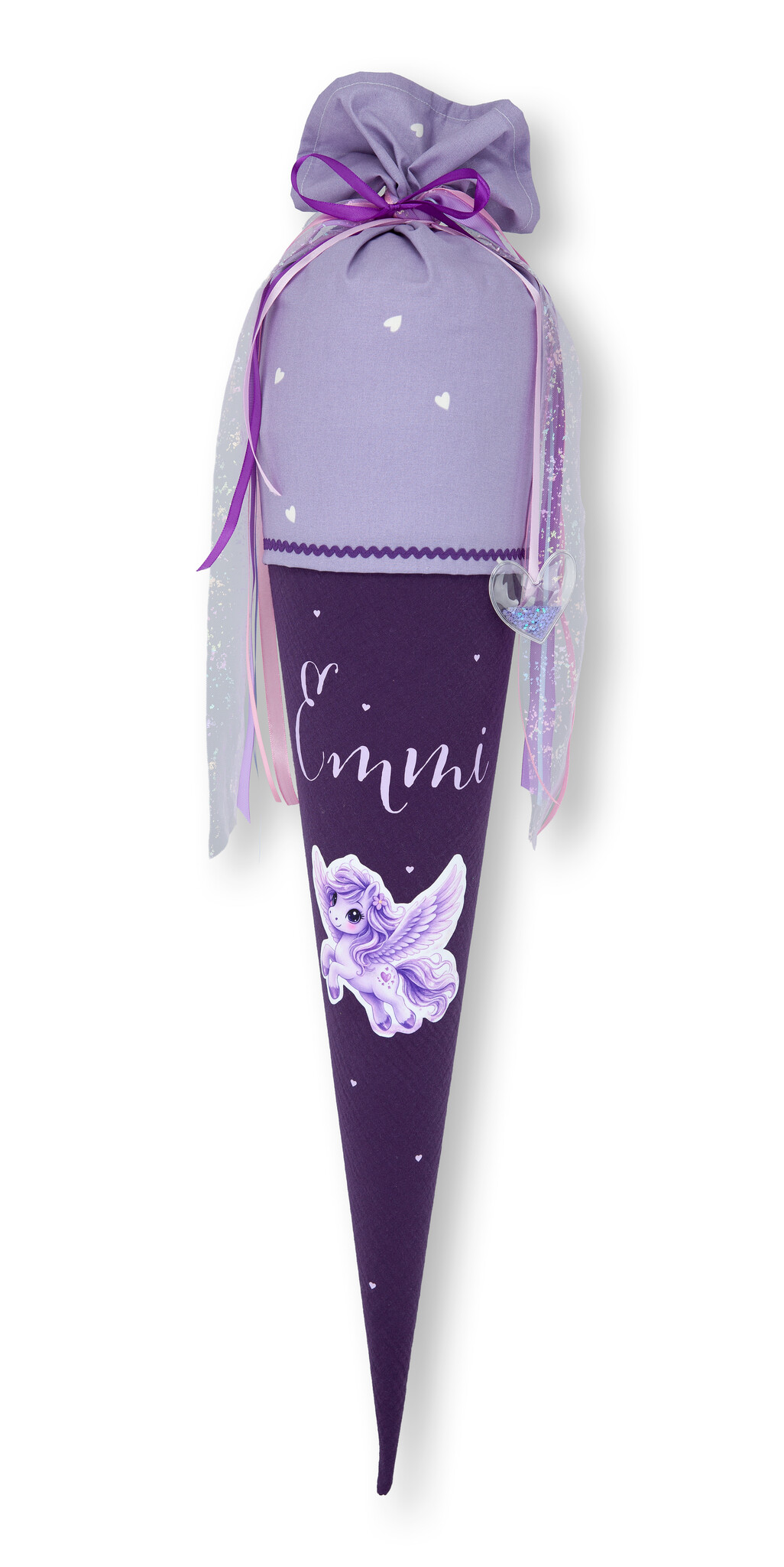 crêpes suzette Schultüte aus Musselin | handgefertigte Flauschischultüte zur Einschulung | Modell: Emmi | Farben: Flieder, Lila und Rosa | mit Einhorn-Motiv, Flauschfolie & Namensschriftzug | personalisierbar – Variante: mit Wunschnamen