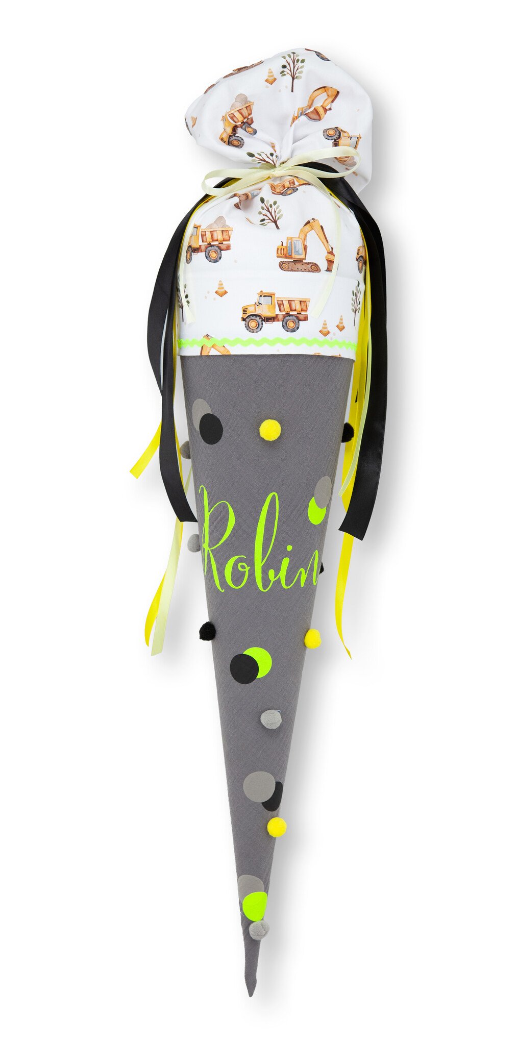 crêpes suzette Schultüte aus Musselin | handgefertigte Bommeltüte zur Einschulung | Modell: Robin | Farben: Grau, Schwarz und Neongelb | mit Baufahrzeuge-Motiv, Bommeln & Namensschriftzug | personalisierbar – Variante: mit Wunschnamen