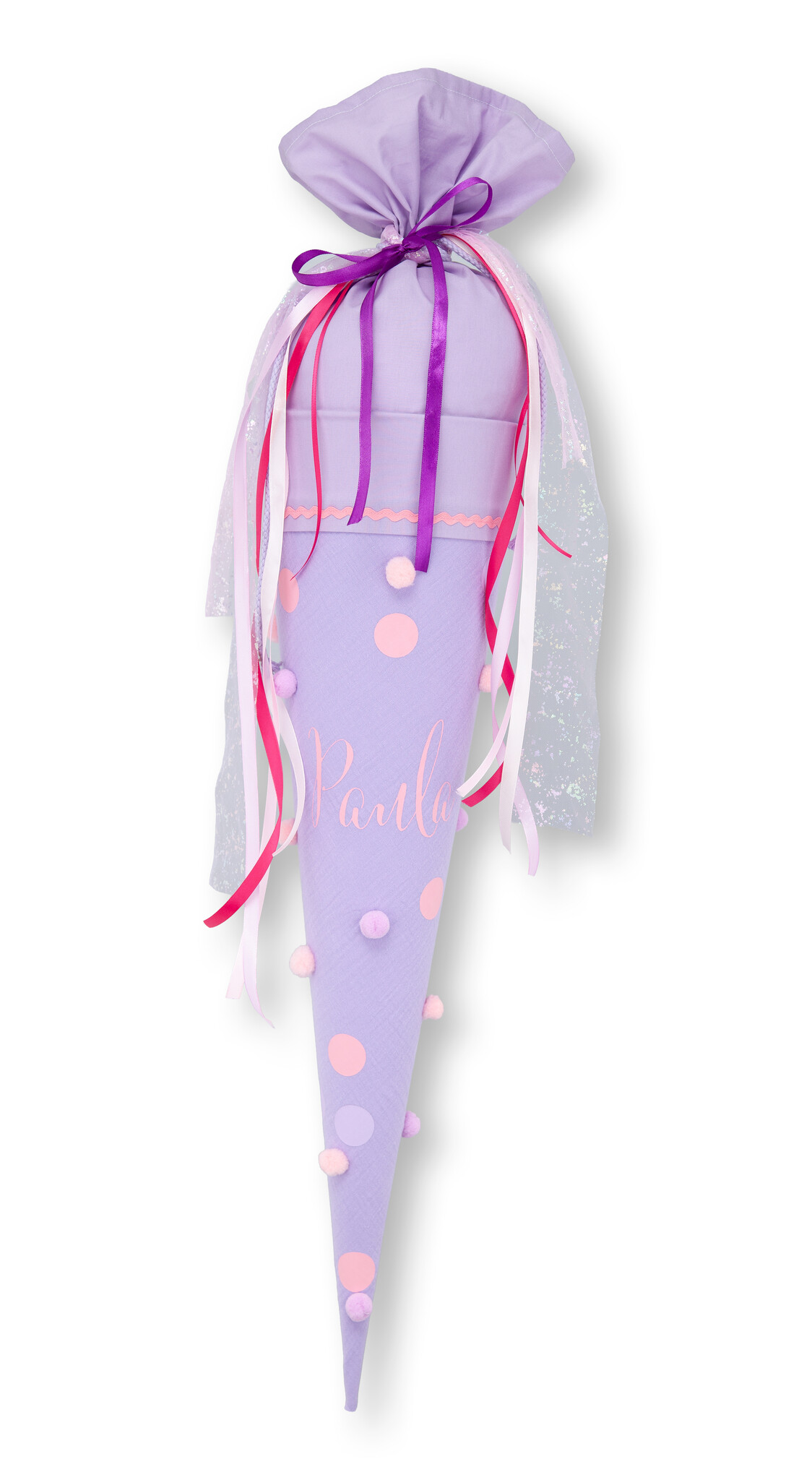 crêpes suzette Schultüte aus Musselin | handgefertigte Bommeltüte zur Einschulung | Modell: Paula | Farbe: Flieder | mit Bommeln & Namensschriftzug | personalisierbar – Variante: mit Wunschnamen
