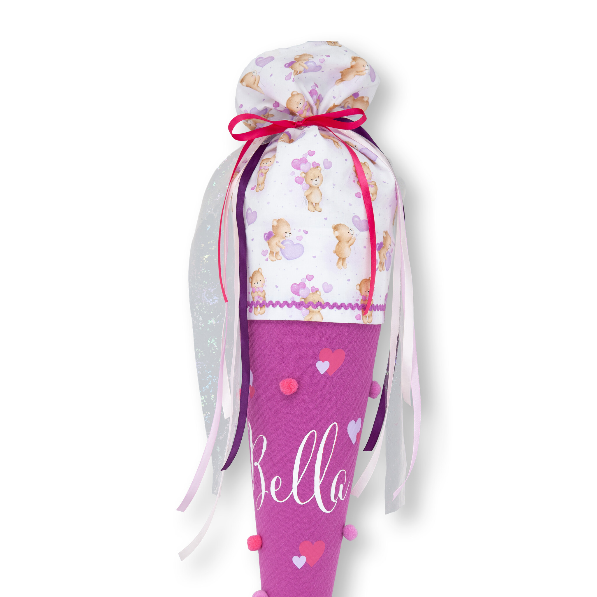 crêpes suzette Schultüte aus Musselin | handgefertigte Bommeltüte zur Einschulung | Modell: Bella | Farben: Pink, Rosa und Lila | mit Bärchen-Motiv, Bommeln & Namensschriftzug | personalisierbar – Variante: mit Wunschnamen