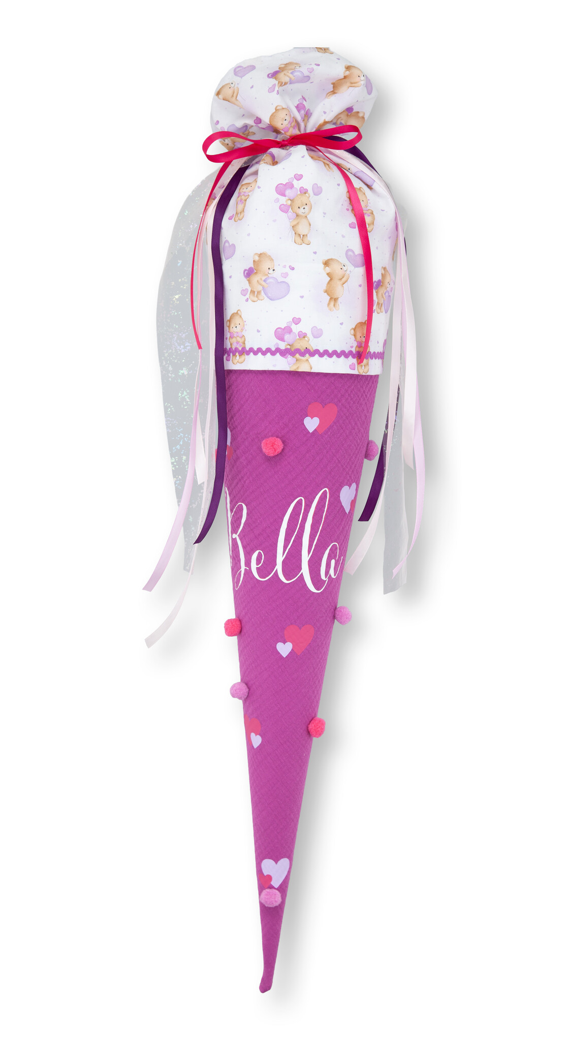 crêpes suzette Schultüte aus Musselin | handgefertigte Bommeltüte zur Einschulung | Modell: Bella | Farben: Pink, Rosa und Lila | mit Bärchen-Motiv, Bommeln & Namensschriftzug | personalisierbar – Variante: mit Wunschnamen