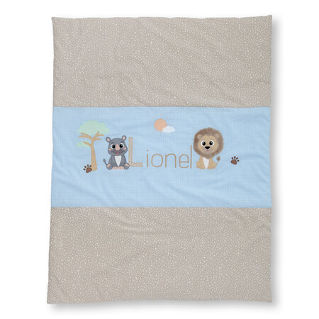 crêpes suzette Krabbeldecke mit Namen als Geschenk zur Taufe,  Motiv: Nashorn, Löwe