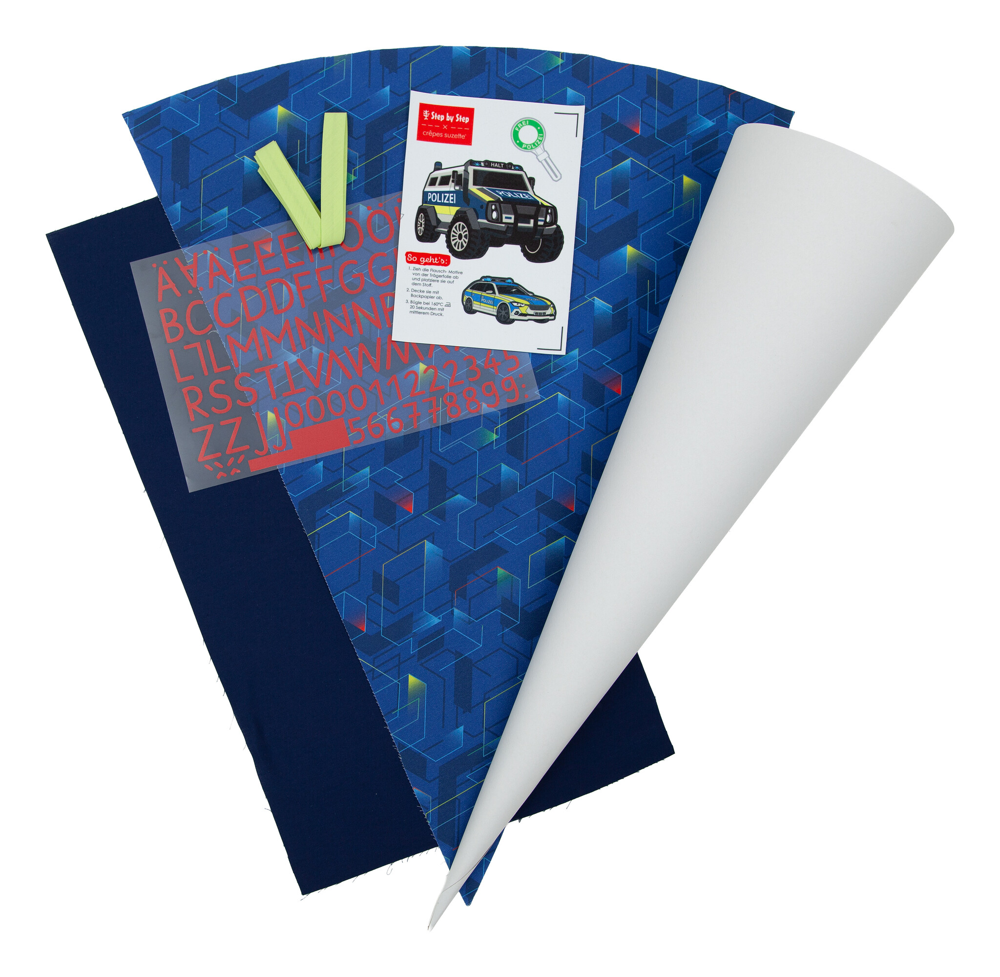 crêpes suzette Nähset für Stoffschultüte Police Truck Charly 2026 – Step by Step x crêpes suzette | Schultüte selber nähen – Nähset Police Truck Charly