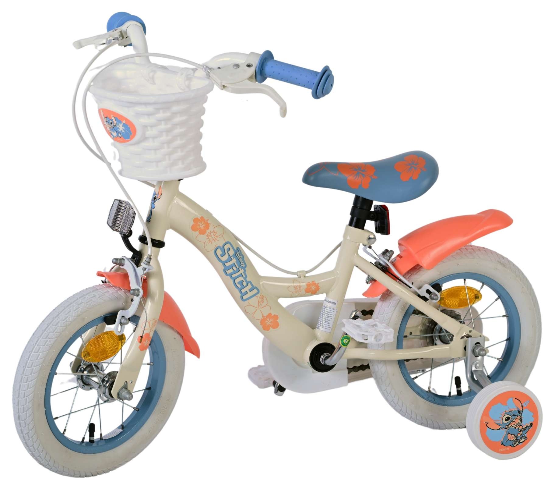 Disney Stitch Kinderfahrrad - Mädchen - 12 Zoll - Zwei Handbremsen - Creme Koralle Blau