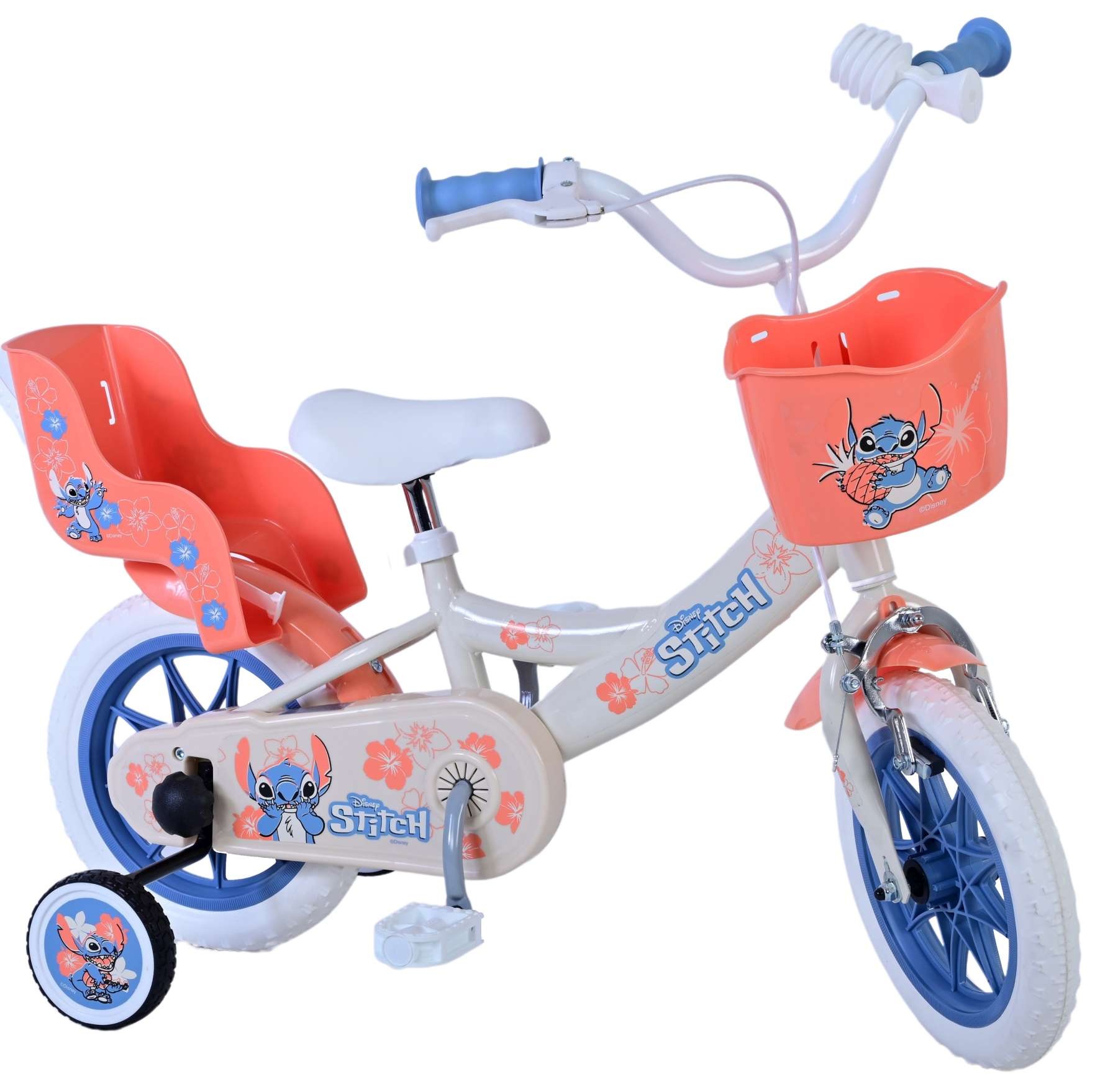 Disney Stitch Kinderfiets - Meisjes - 12 inch - Creme - Koraal - Blauw