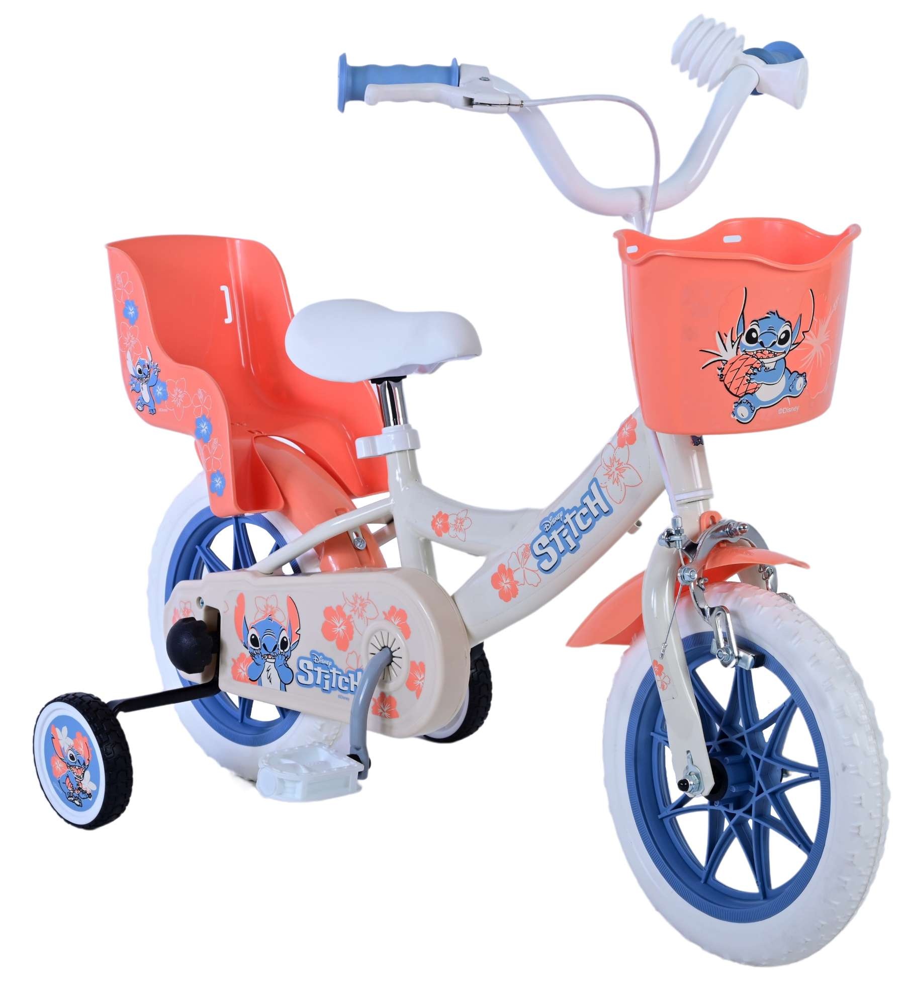 Disney Stitch Kinderfiets - Meisjes - 12 inch - Creme - Koraal - Blauw