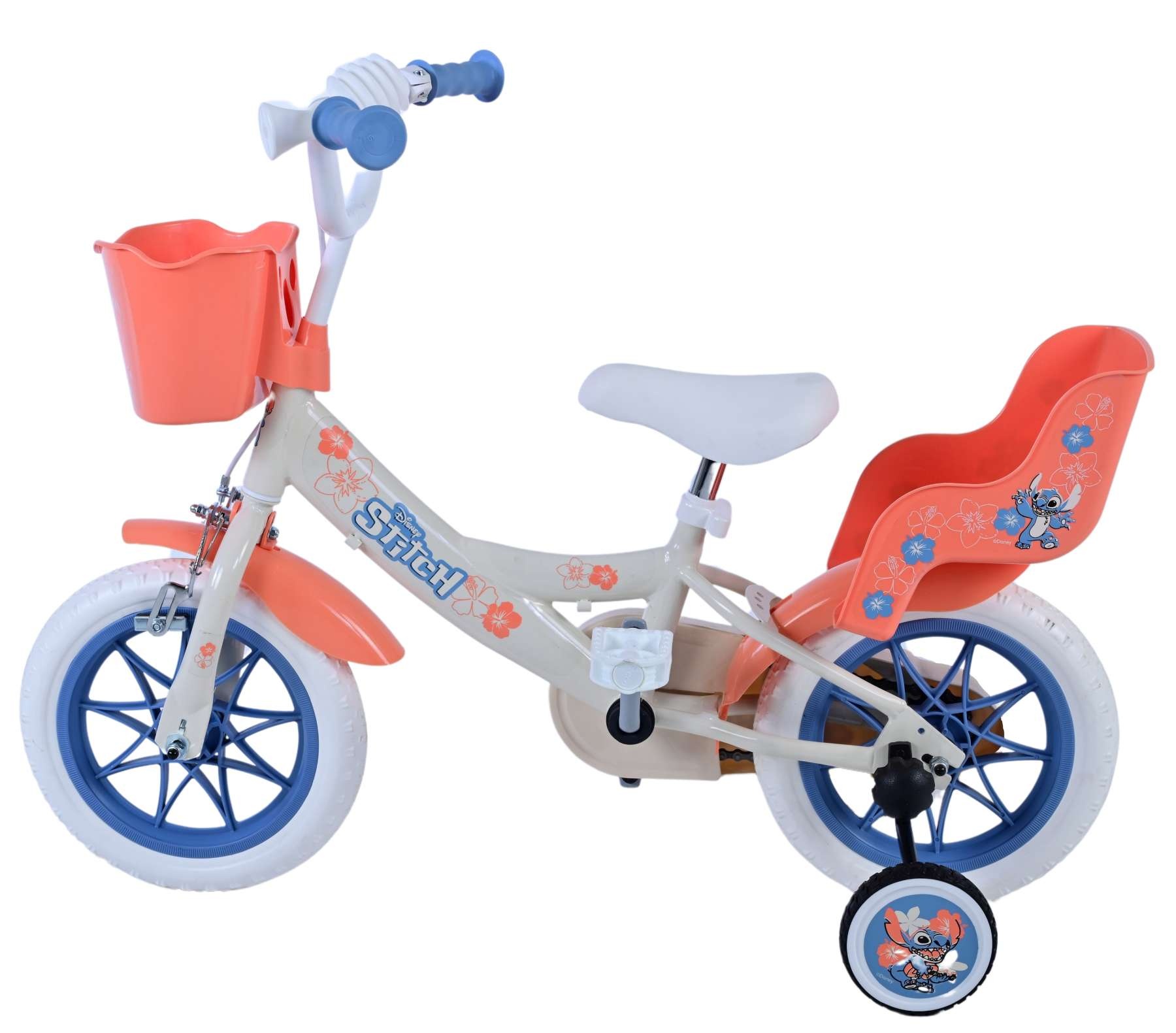 Disney Stitch Kinderfiets - Meisjes - 12 inch - Creme - Koraal - Blauw