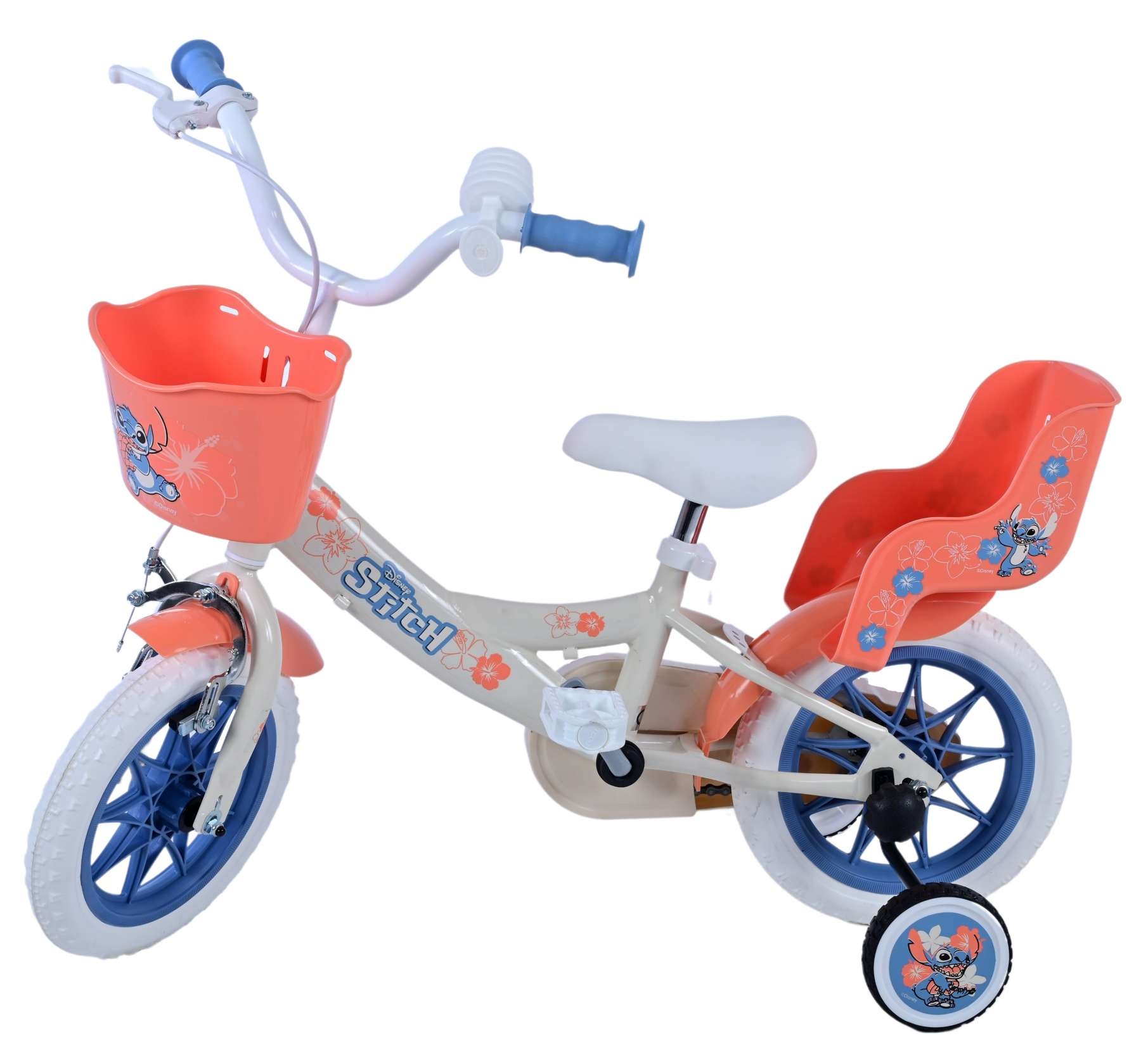 Disney Stitch Kinderfiets - Meisjes - 12 inch - Creme - Koraal - Blauw