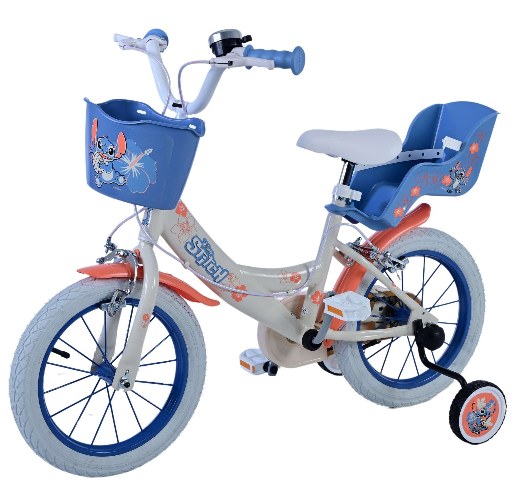 Disney Stitch Kinderfiets - Meisjes - 14 inch - Creme Koraal Blauw - Twee handremmen