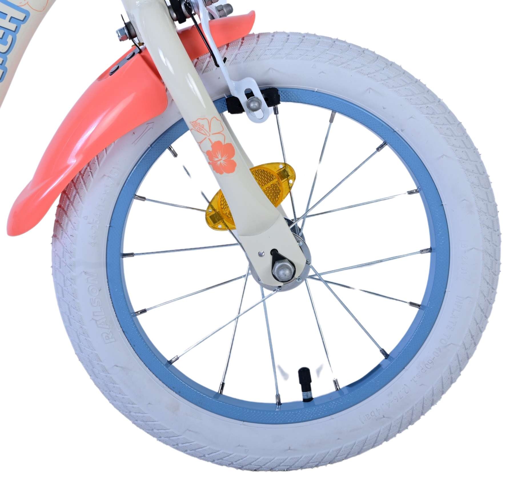 Disney Stitch Kinderfahrrad - Mädchen - 14 Zoll - Creme Koralle Blau - Zweihandbremsen