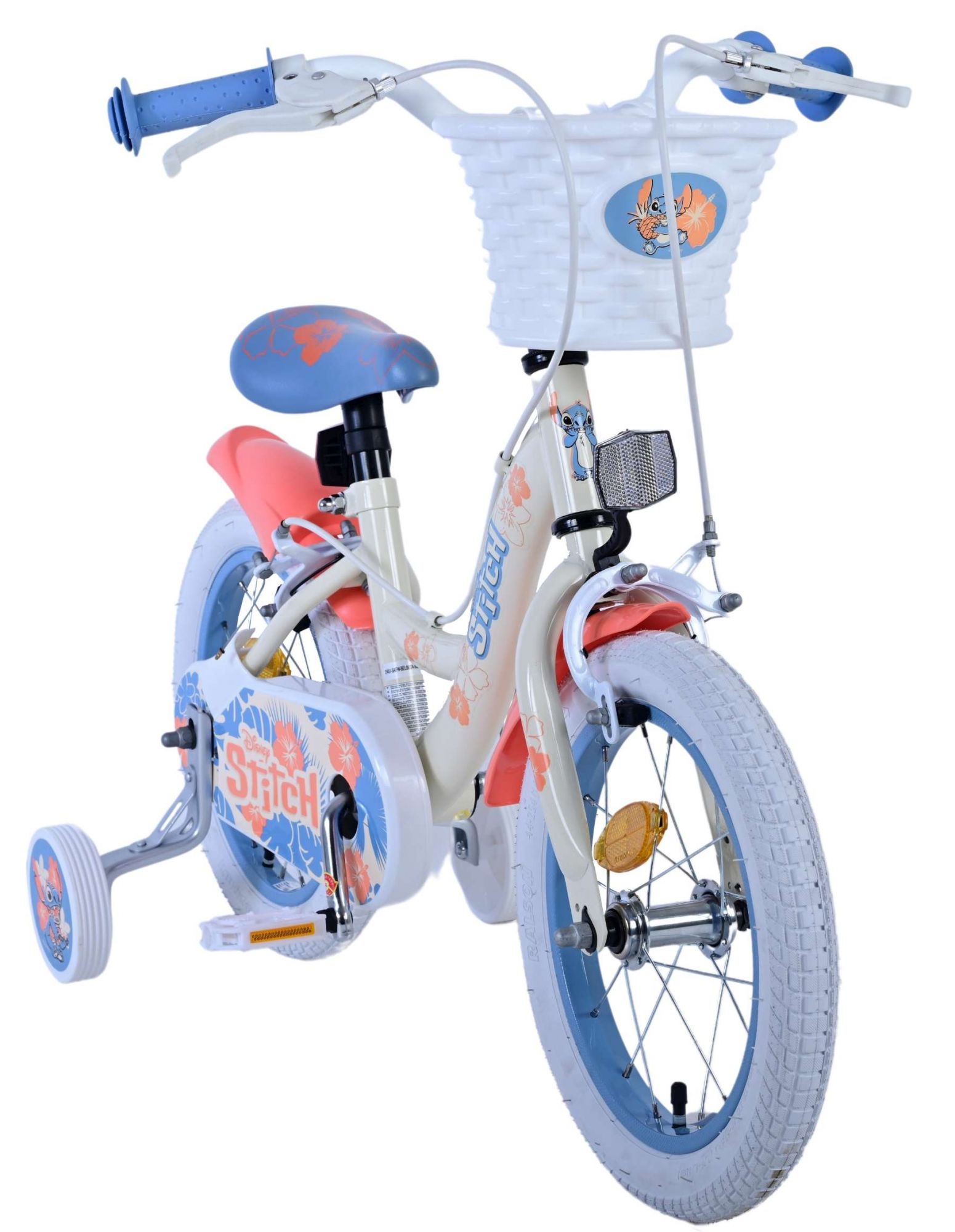 Disney Stitch Kinderfahrrad - Mädchen - 14 Zoll - Creme Koralle Blau - Zweihandbremsen
