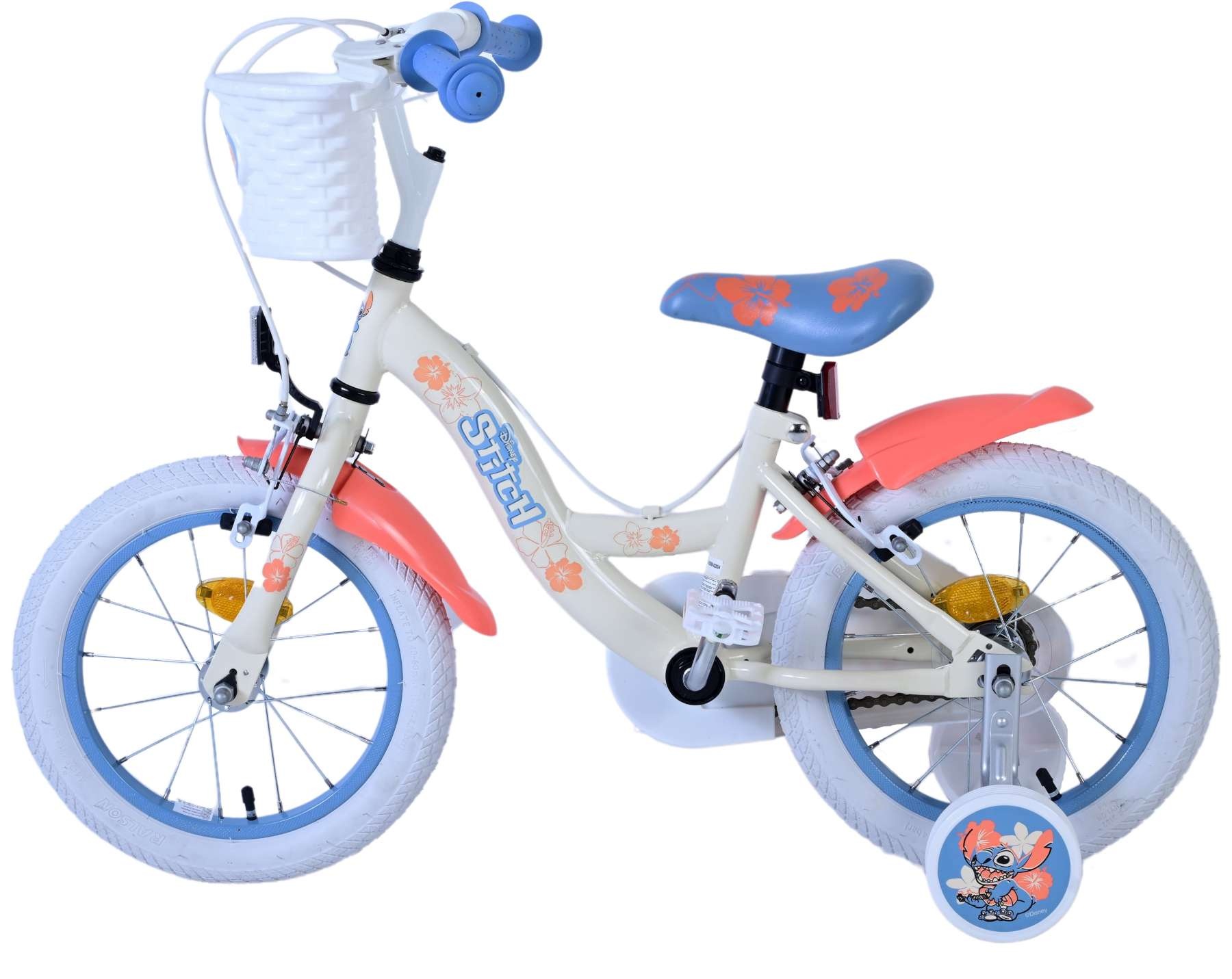 Disney Stitch Kinderfahrrad - Mädchen - 14 Zoll - Creme Koralle Blau - Zweihandbremsen