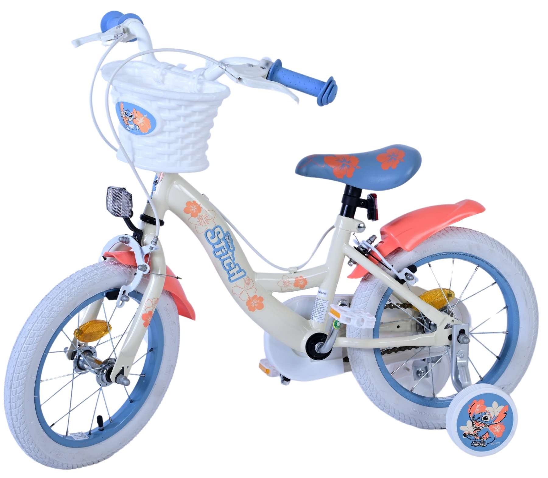 Disney Stitch Kinderfahrrad - Mädchen - 14 Zoll - Creme Koralle Blau - Zweihandbremsen