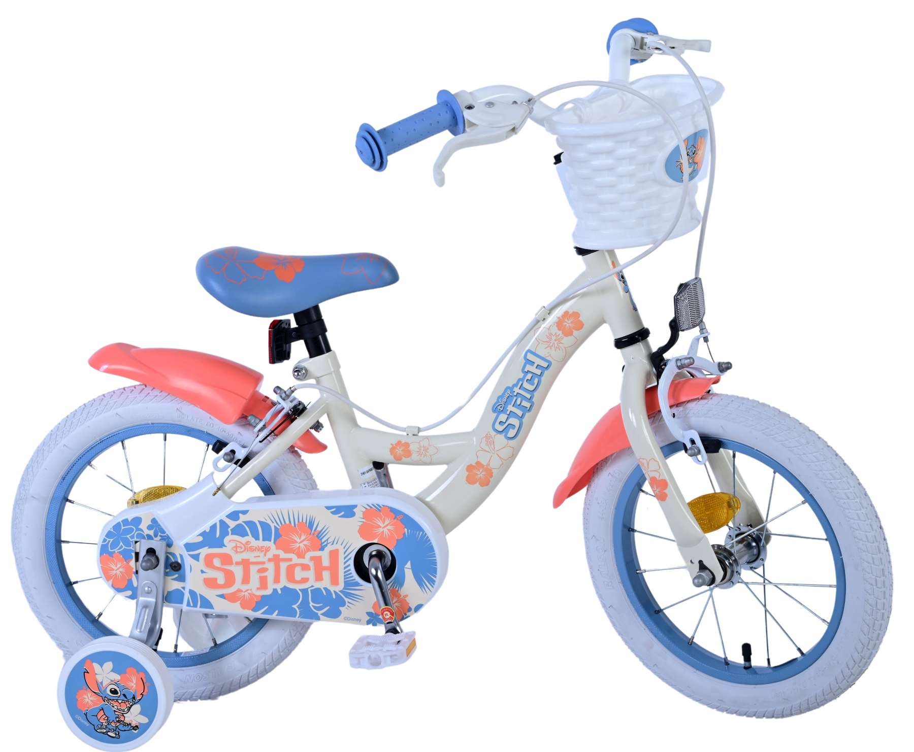 Disney Stitch Kinderfahrrad - Mädchen - 14 Zoll - Creme Koralle Blau - Zweihandbremsen