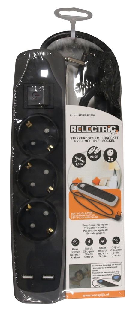 RELECTRIC RELECTRIC STEKKERDOOS 1,5 MTR 3-VOUDIG 2X USB