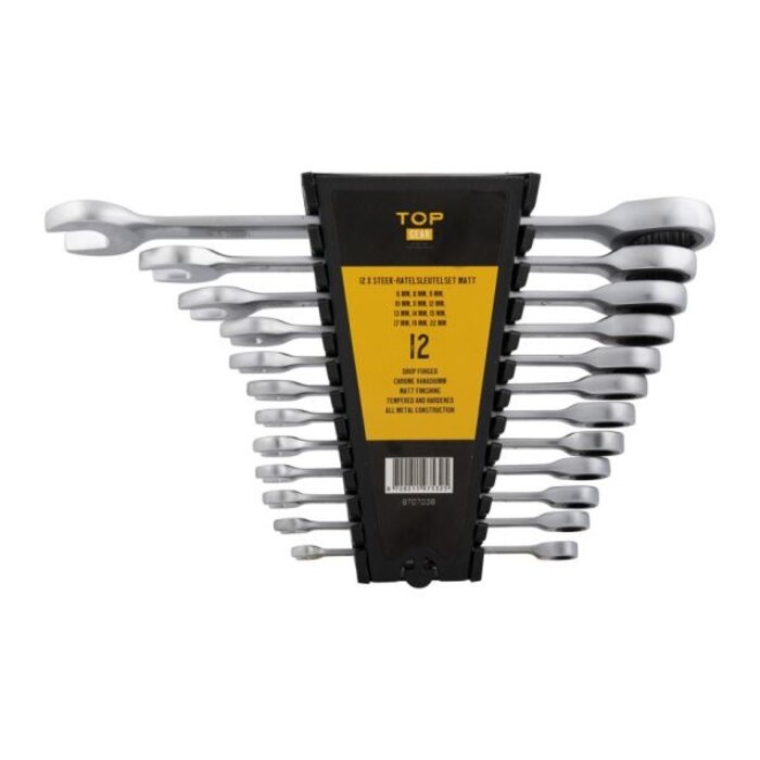TOP GEAR Professionele set steeksleutels 12 delig met ratel ringsleutels