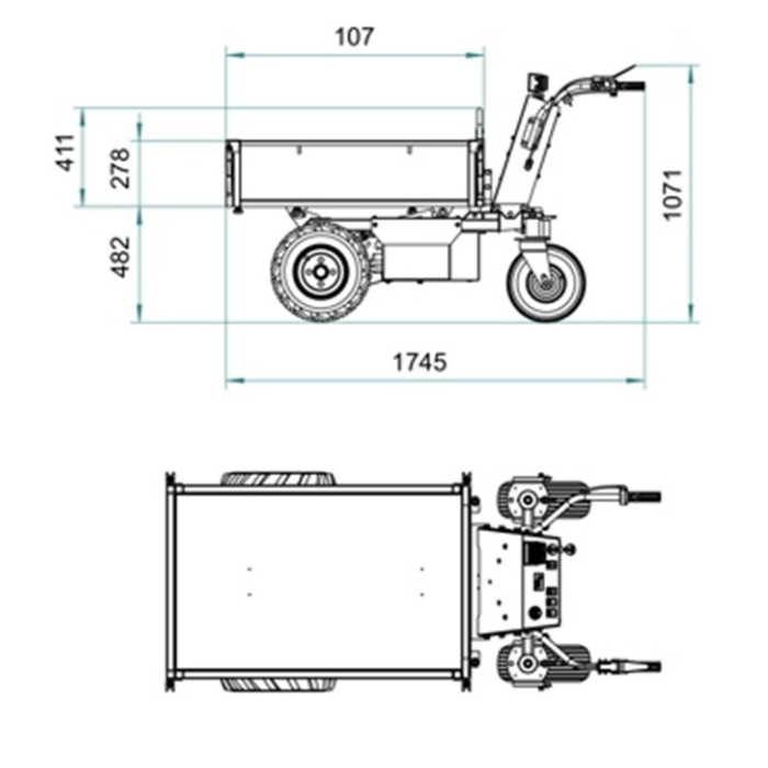 Hzc / Landworks ELEKTRISCHER MINIDUMPER MIT FLACHKASTEN, RÄDERN, 500 KG LASTKAPAZITÄT UND HYDRAULISCHER KIPPVORRICHTUNG (EMD302H)