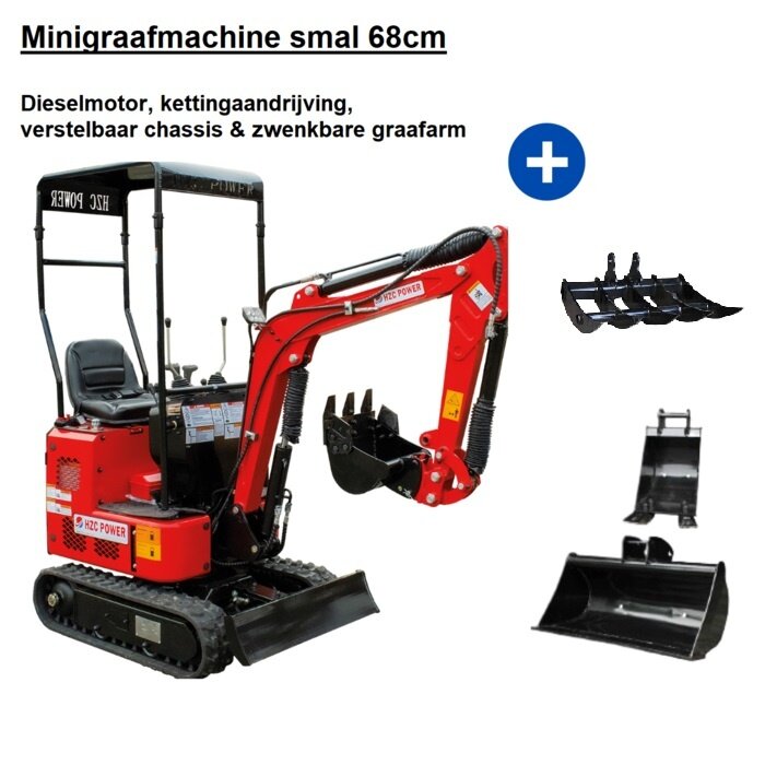Hzc / Landworks Minigraafmachine smal 68 cm met dieselmotor, kettingaandrijving, verstelbaar chassis & zwenkbare graafarm (SDKB790)