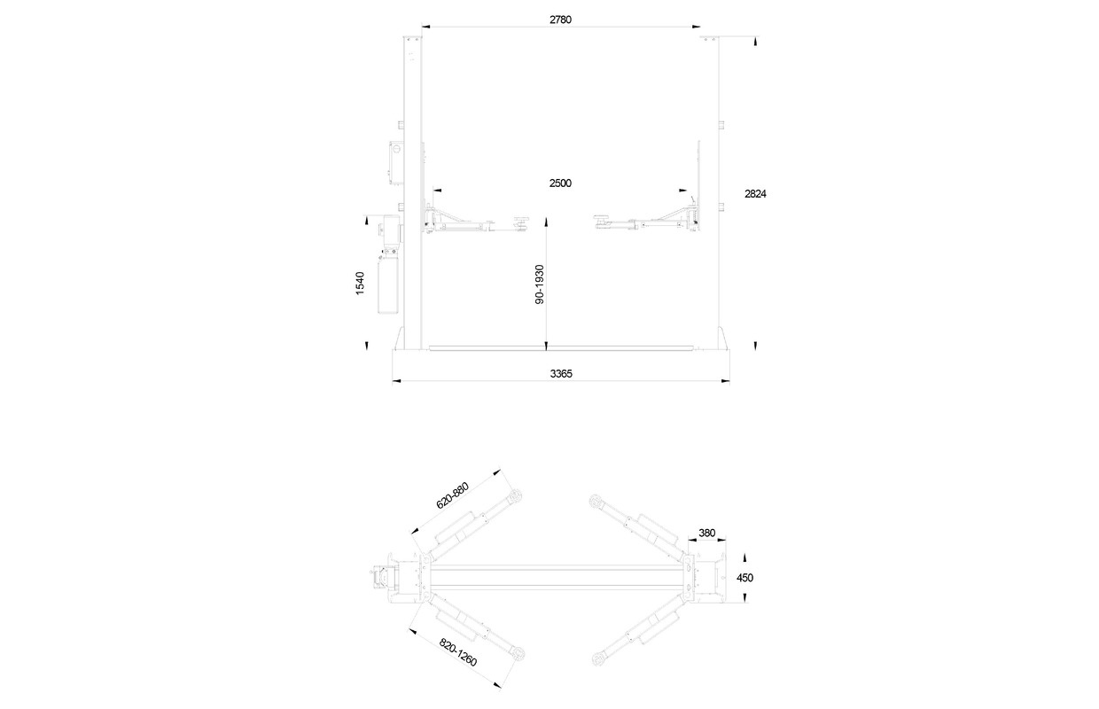 MW TOOLS 2-koloms hydraulische hefbrug 4 t 230V met elektrische ontgrendeling MW Tools