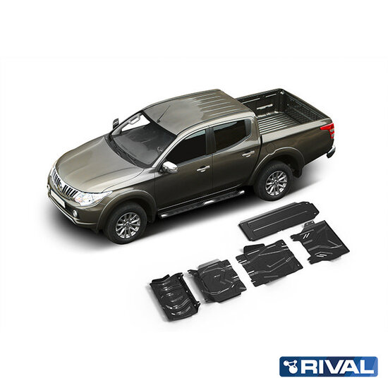 Rival 4x4 SKID PLATE SET (RADIATOR, ENGINE, GEARBOX, TRANSFER CASE, FUEL TANK) MITSUBISHI L200 2006-2014; 2013-2015; 2015-2019; 2018-2023; PAJERO SPORT 2016-2021; 2021-; 2,5 L. / DIESEL; 2,4 L. / DIESEL; 3 L. / GASOLINE
