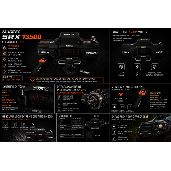 Mudtec Offroad MUDTEC SRX13500 Winch, 6123 kg, 7.2HP, 12V, Wireless Clutch