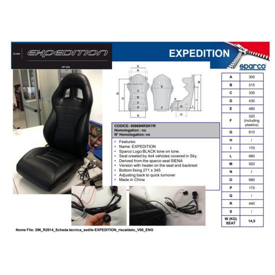 Raptor 4x4 RAPTOR 4X4 BY SPARCO SEAT SKY "EXPEDITION" MODEL