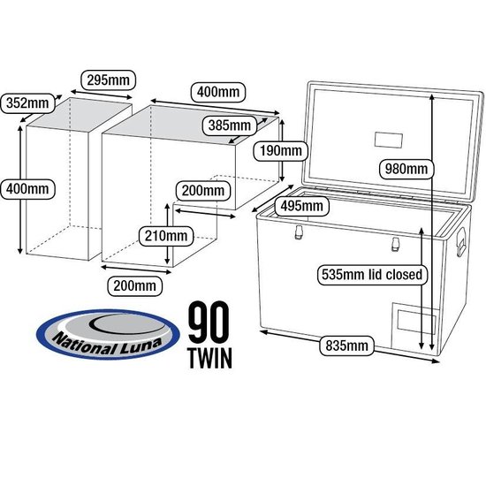 National Luna 90l Twin Fridge/Freezer 12/24/220 Volt