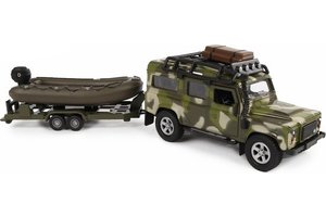 Pull-back Landrover Military + aanhanger met boot - 27cm