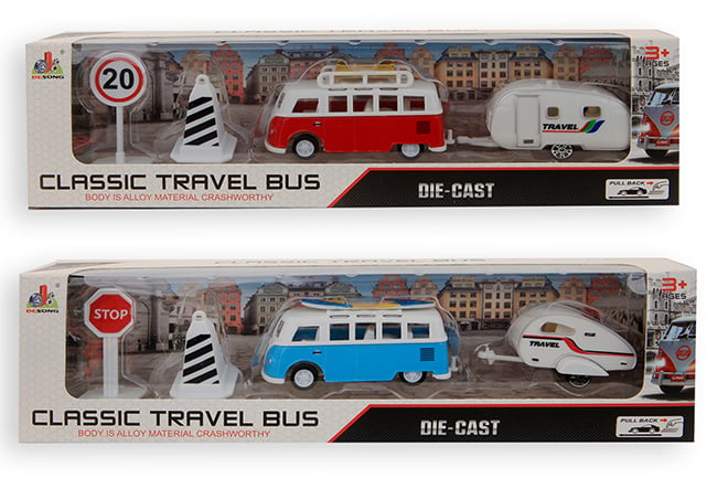 Meerdere Afstoting vuurwerk Pull-back Classic travel camper bus met aanhanger en accessoires - t  Klavertje Vier