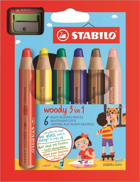 Afscheid programma Verward zijn Stabilo Woody 3-in-1 kleurpotloden - Etui (karton) 6stuks + slijper - t  Klavertje Vier