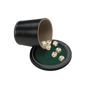 Pokerbeker met deksel Ø 9cm (zwart leder) + 6 dobbelstenen