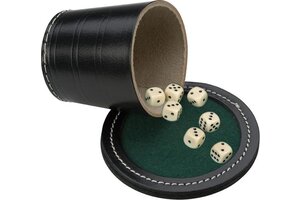 Longfield Pokerbeker met deksel Ø 9cm (zwart leder) + 6 dobbelstenen