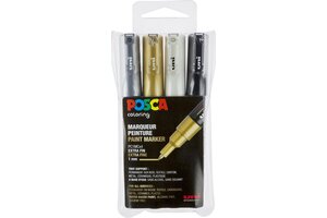 Posca Posca Paint Marker op waterbasis (1mm) - 4stuks (wit/zwart/zilver/goud)