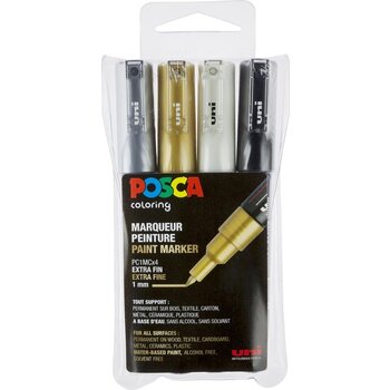 Posca Posca Paint Marker op waterbasis (1mm) - 4stuks (wit/zwart/zilver/goud)