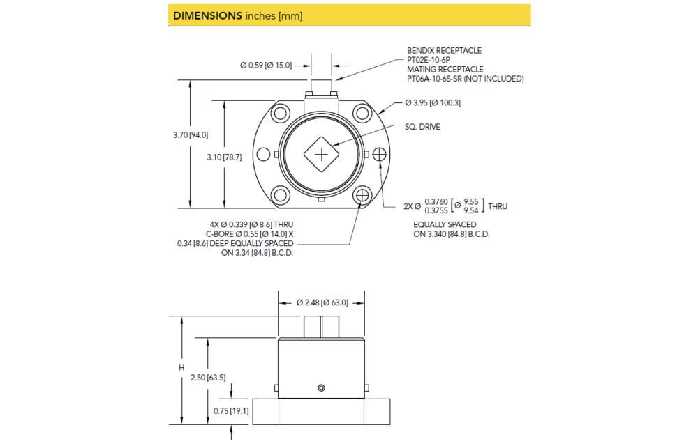 TDF600 Flange-to-Square Reaction Torque Sensor