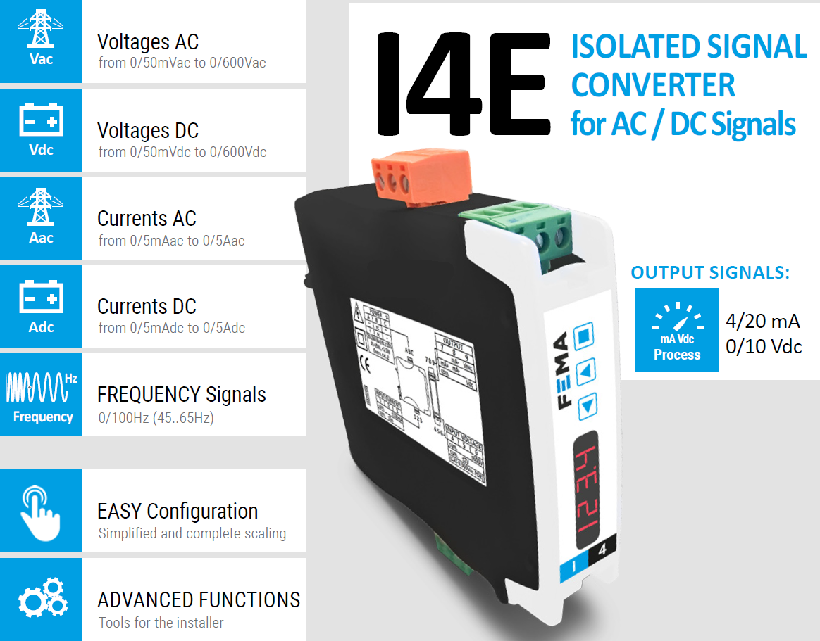 I4E - Isolated signal converter for AC/DC signals.