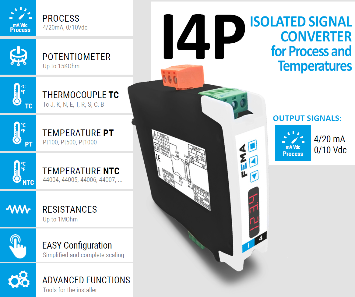 I4P- Isolated Signal converter for process, temperatures, resistances and potentiometer signals