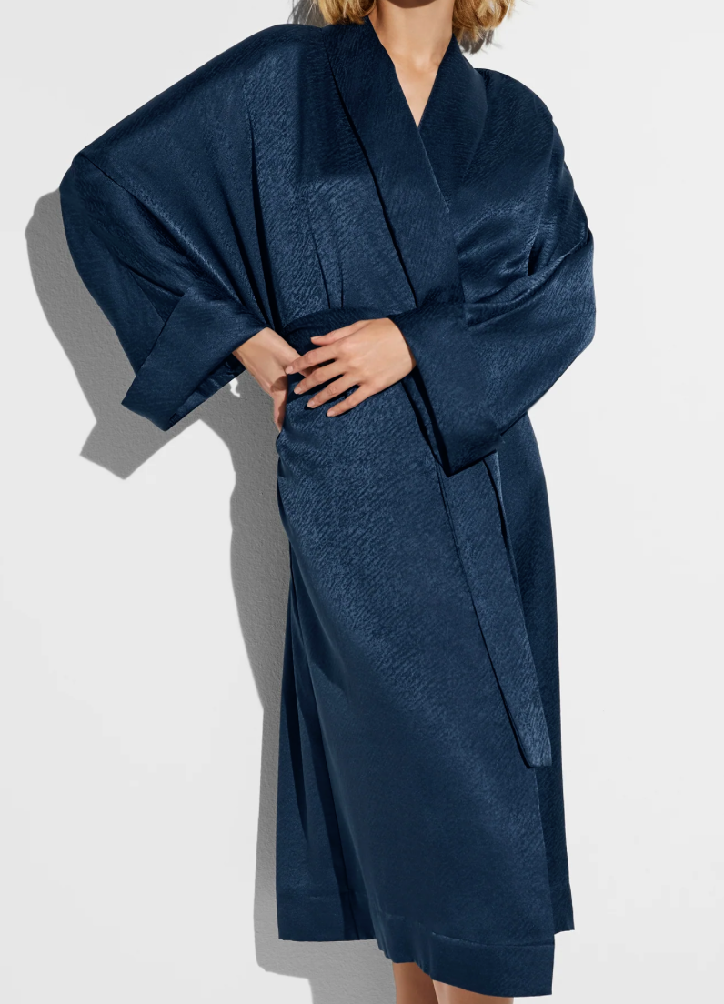 Zimmerli Peignoir long en soie pour femmes - Morgenmantel (bleu nuit)